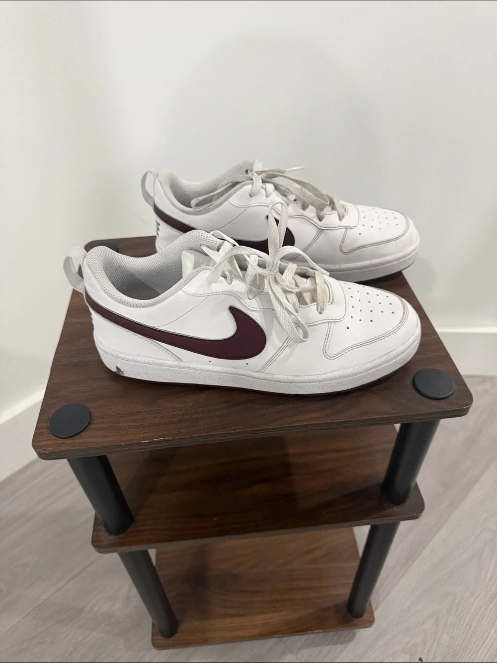 Nike Kids White Sneakers with Maroon Swoosh